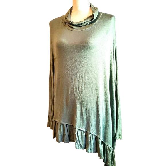 Audge Podge Tunic Top Size M Green Cowl Neck Asymmetric Hem Boho Fairy - Picture 10 of 10